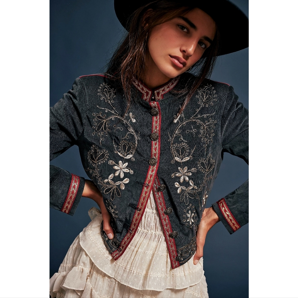 Free People Abby Victorian Revival Band Military Beaded Gold Crop Jacket